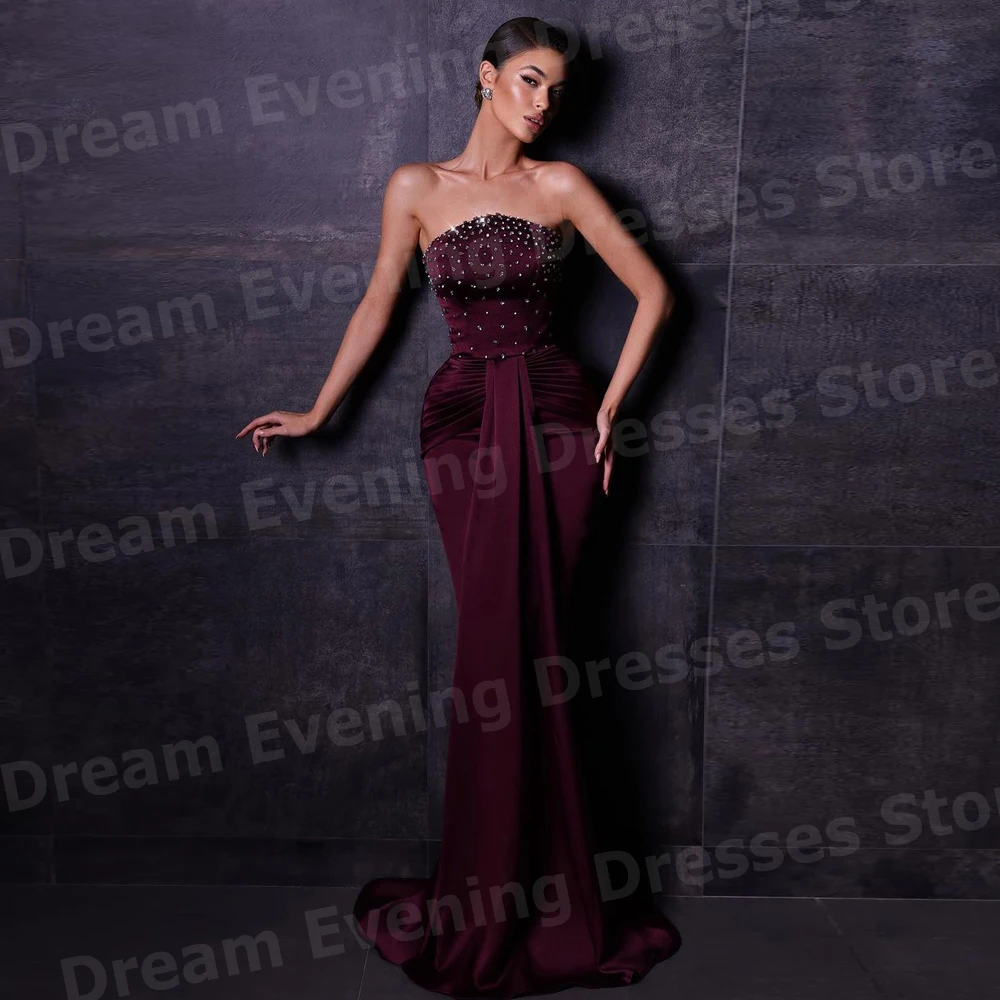 Elegant Mermaid Women's Evening Dresses Strapless Sleeveless Customized Prom Gowns Beaded Backless Pleat شارون سعيد فساتين سهره
