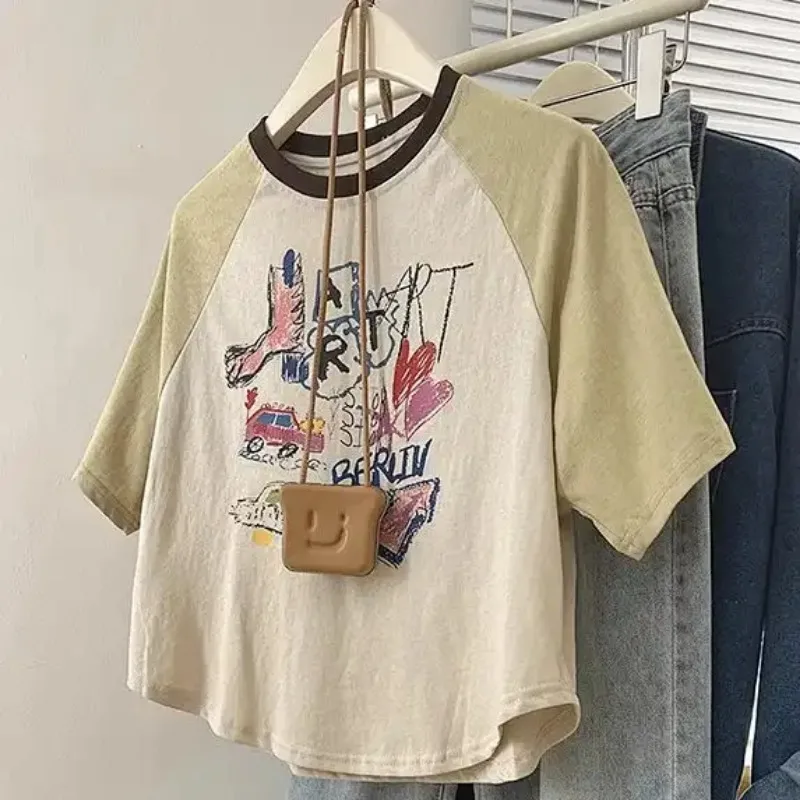 Plus Size Women's Cotton Raglan Sleeve T Shirt Summer Cartoon Print Color Block Top
