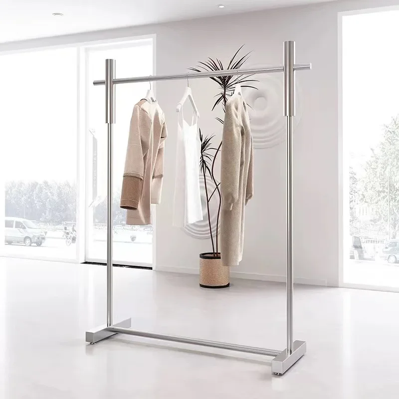 Clothing store display rack, stainless steel simple floor type, Nakajima hanger, shelf display props