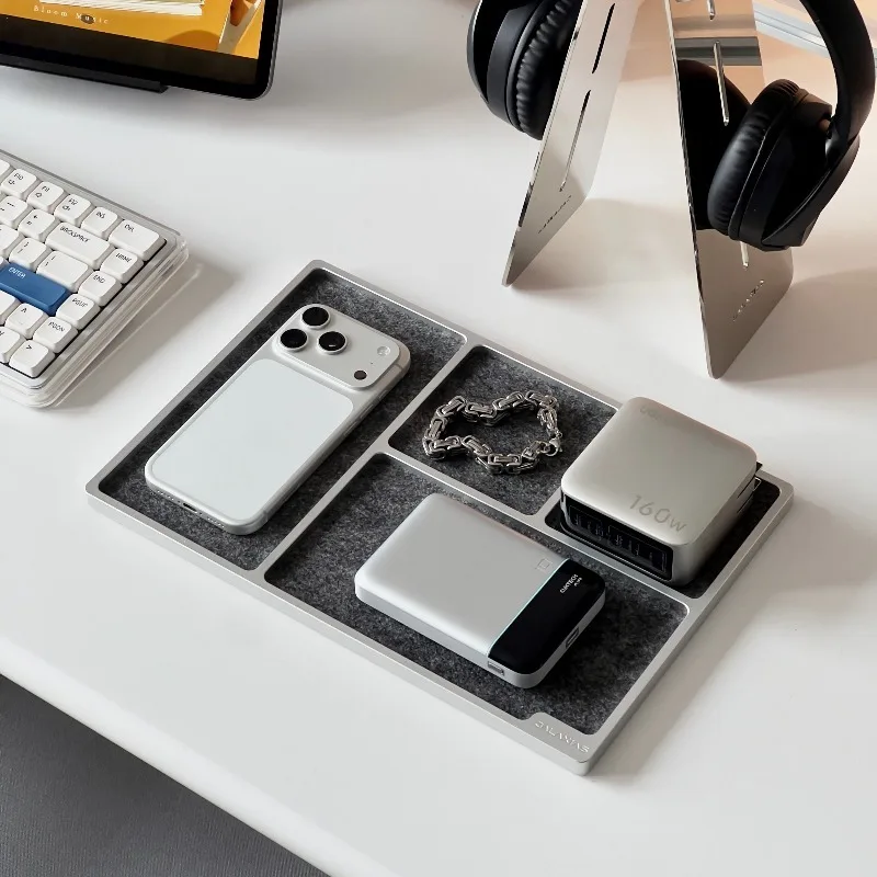 Aluminum Alloy Tray Minimalist Computer Table Earphone Watch Grid Storage Trays Desktop Pen Organizer Box Desk Organization