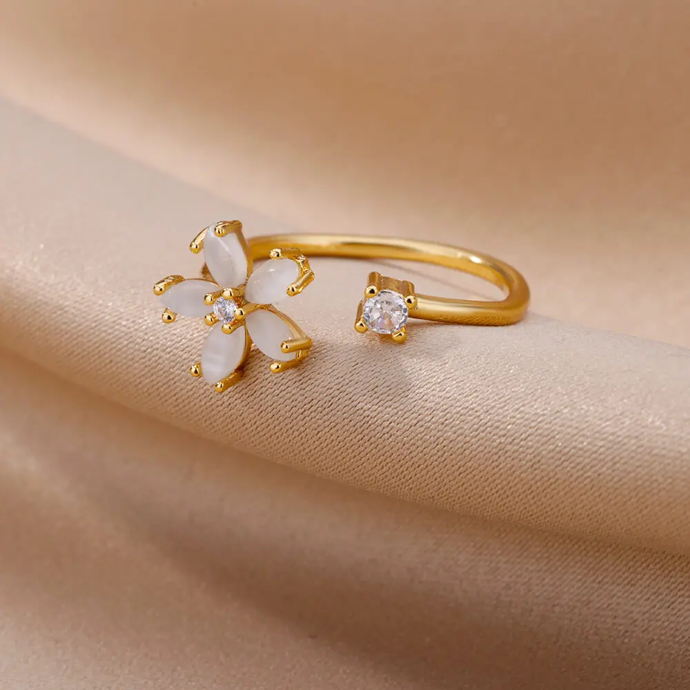 Opal Flower Rings For Women Cubic Zirconia Openning Stainless Steel Flower Ring Wedding Floral Aesthetic Jewelry anillos mujer image 3