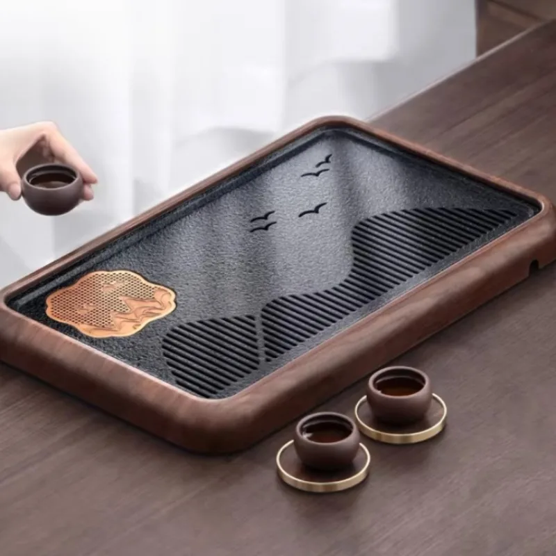Imitation Black Stone Tea Tray with Drainage, Dry/Wet Zen Ceremony Set, Non-Slip Heat Resistant Tea Utensil Holder, Serving Tray
