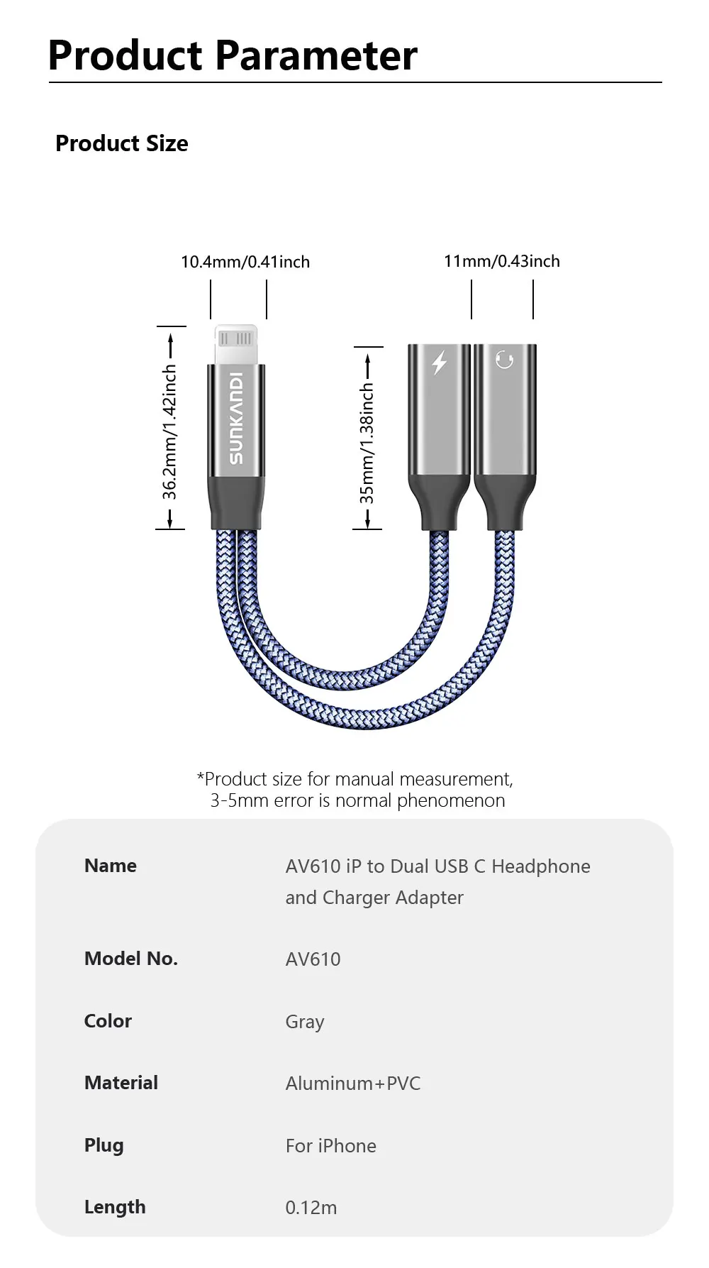 SUNKANDI 2 in 1 Dongle Adapter, Lightning to 3.5mm Headphone and Lightning to Dual Lightning Audio and Charging Ports Splitter