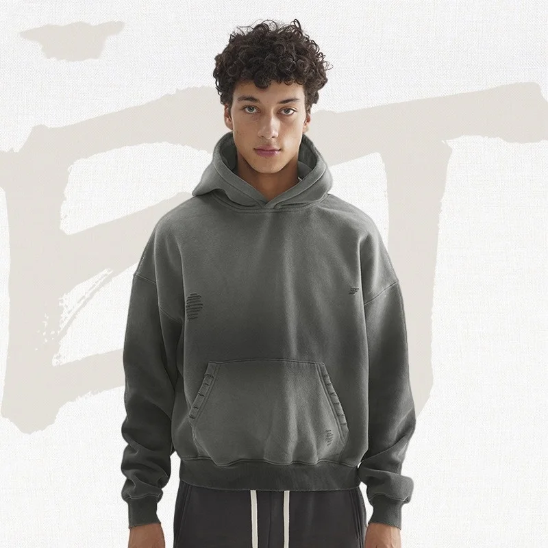 official-website High quality heavy-duty retro loose short hoodie for teenagers with shoulder down design, double layered hat me