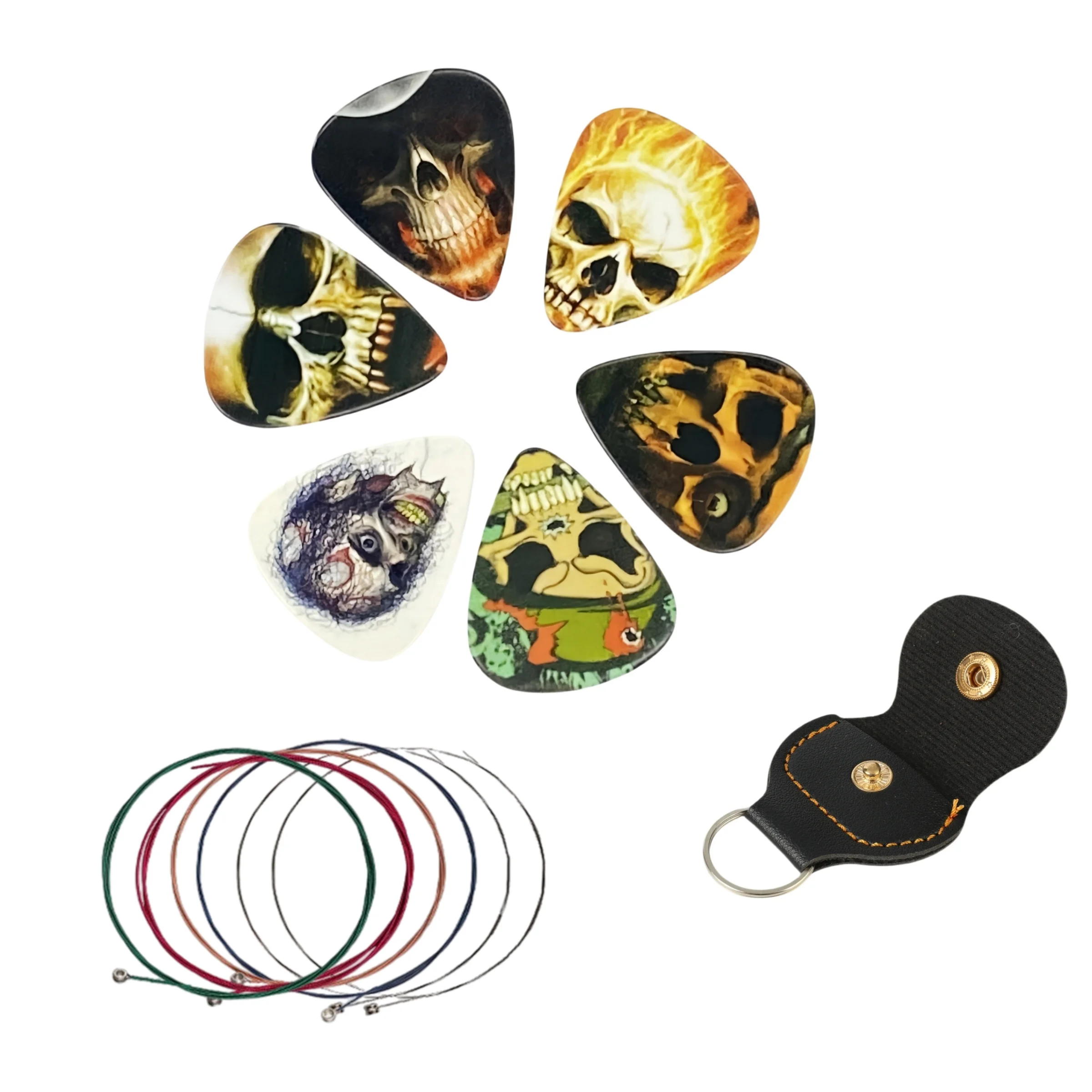 

1 Set Guitar Accessories Set: 6 Skull - Patterned Picks + 6 Colorful Strings + 1 Pick Case