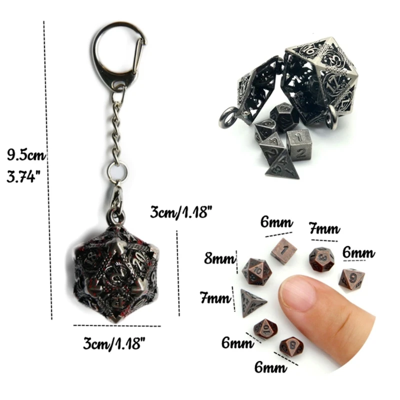 Dragon Dices Pendant Keychain Tiny Metal Dices Jewelry Set Mini Polyhedral Dices Keyring Jewelry for Fashion Enthusiasts