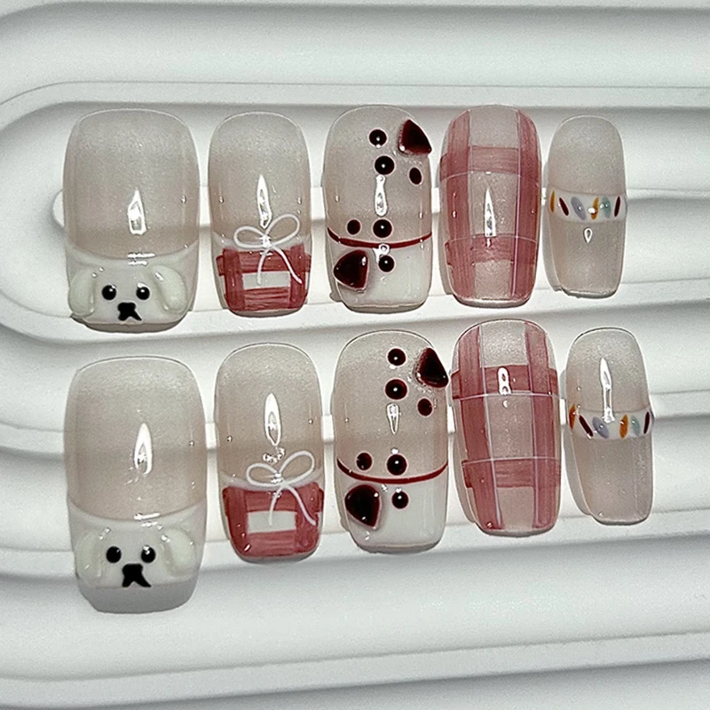 

10 Pieces Summer Sweet Girl Press On Nails Handmade Cute Short Cartoon Puppy Hand Painted Pink Plaid Fake Nail Patches Removable
