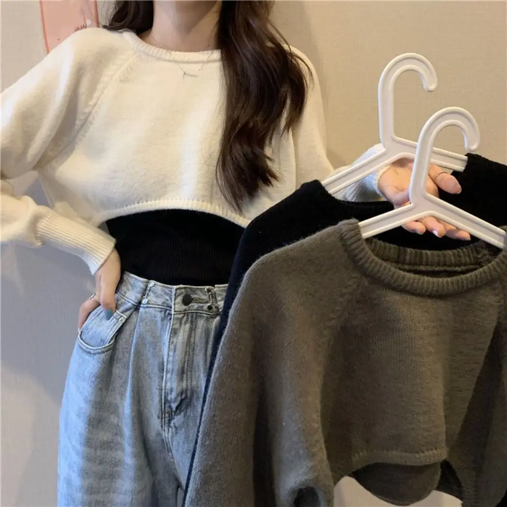 

Simple Long Sleeve Knit Short T-shirt Autumn Korean Style Cover Up Crop Top Sweater Loose Crochet Knitwear Women