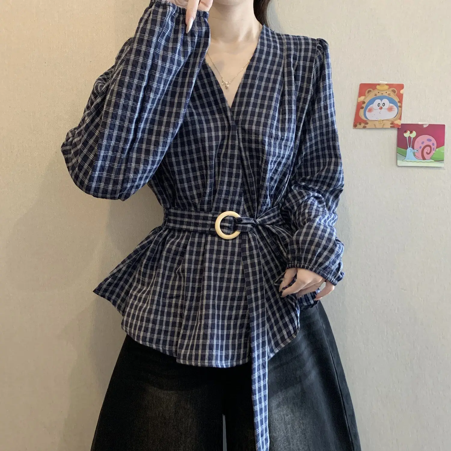 Vintage Plaid V Neck Blouse Women Plus Size Long Sleeve Shirt High Waist Slim Fit Tops Elegant Casual Retro Style Spring Autumn