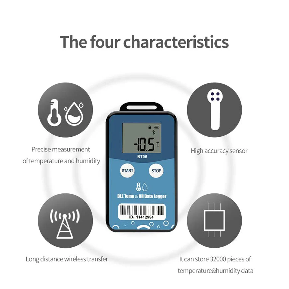 BT06 registratore di dati di umidità di temperatura Bluetooth registratore di dati digitale a 32000 punti registratore di Report PDF per laboratorio di catena del freddo