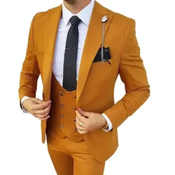 3PCS Formal Men Suits for Wedding Party Business Orange Peak Lapel Slim Fit Groom Tuxedo(Blazer+Vest+Pants)Fashion Costume Homme