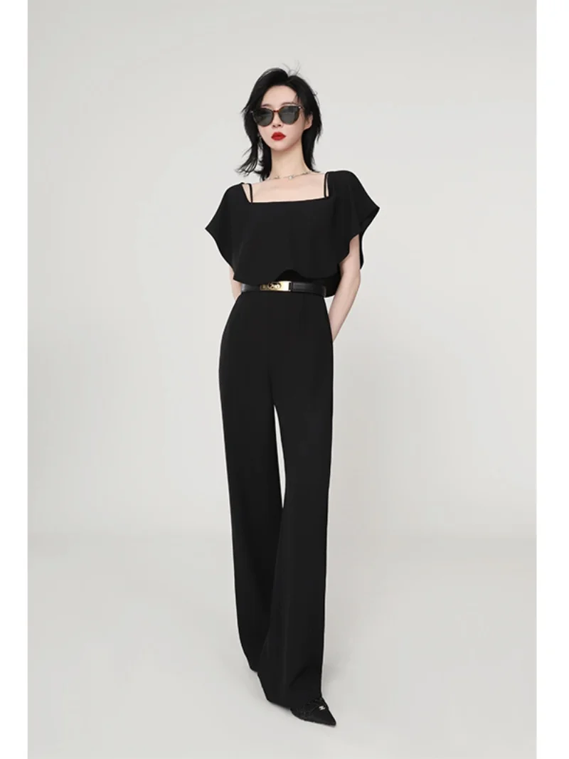 

Женский комбинезон Ele Bla с широкими штанинами, высокой талией и свободными бретелями, весенняя новинка Nanastore, элегантный повседневный стиль, длинные брюки