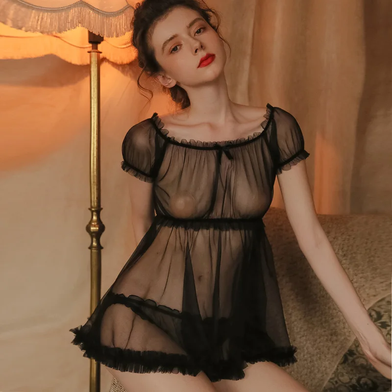 Sexy Pajamas Women\'s Summer Thin Transparent Tops Gauze Attractive Home Clothes Temptation Women Pajamas Set