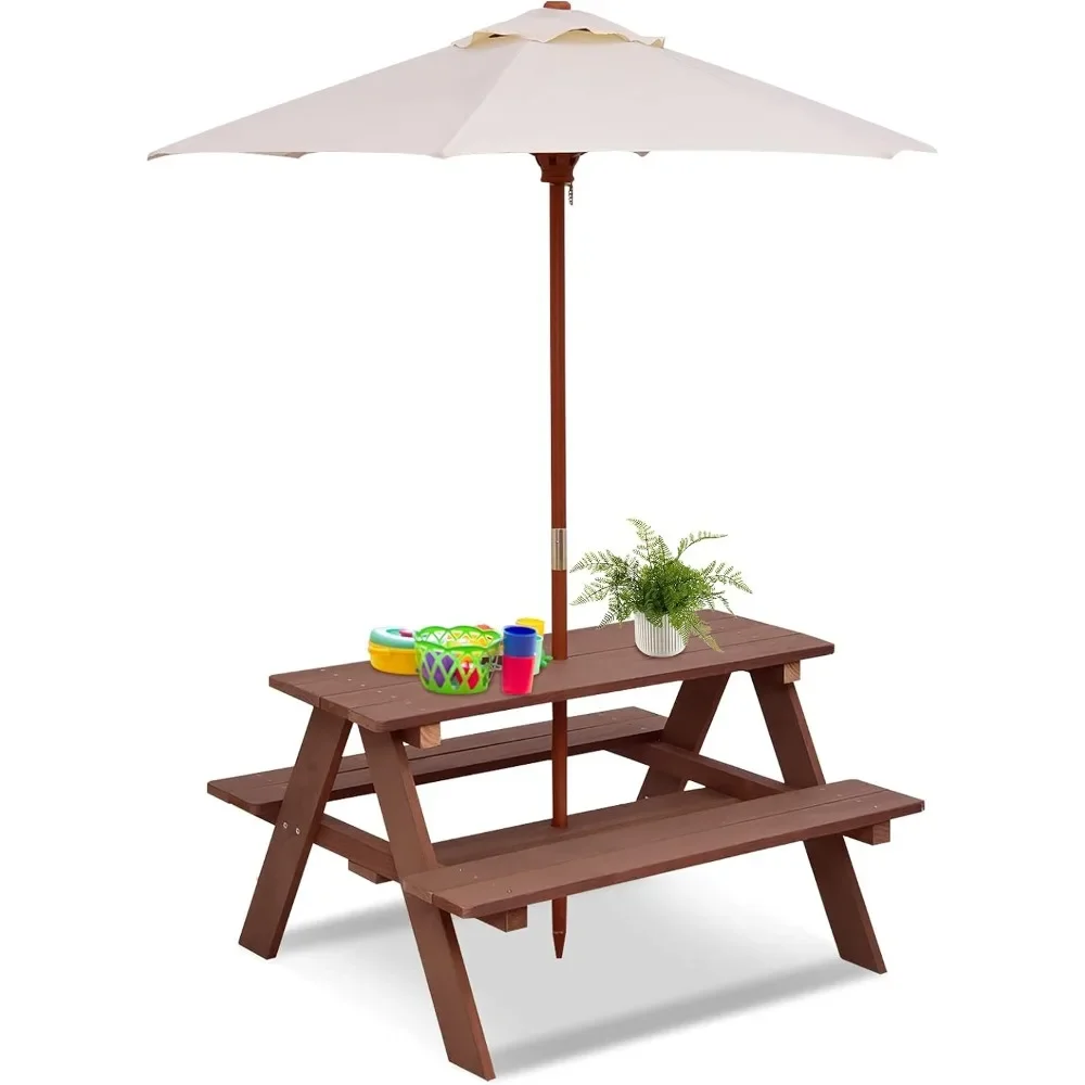 

Outdoor Wooden Table & Bench Set w/Removable Umbrella, Children Backyard Furniture for Patio Garden, Toddler Picnic Table,Walnut