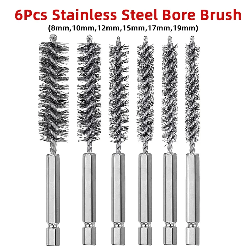 

6Pcs Stainless Steel Bore Brush 1/4 Inch Hex Shank Steel Wire Brush Set Mini Cleaning Brushes for Power Drill