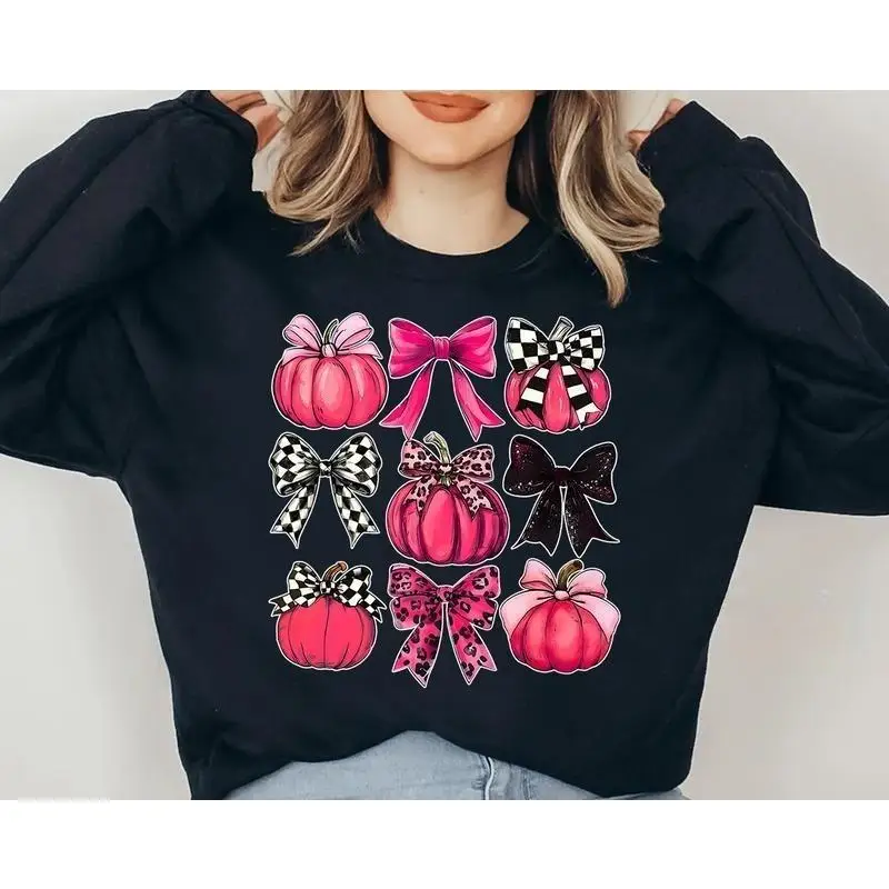 

Cute Pink Pumpkin Sweatshirt Women Halloween Autumn Pullover Harajuku Plaid Bow Print Kawaii Jumper Streetwear Tops