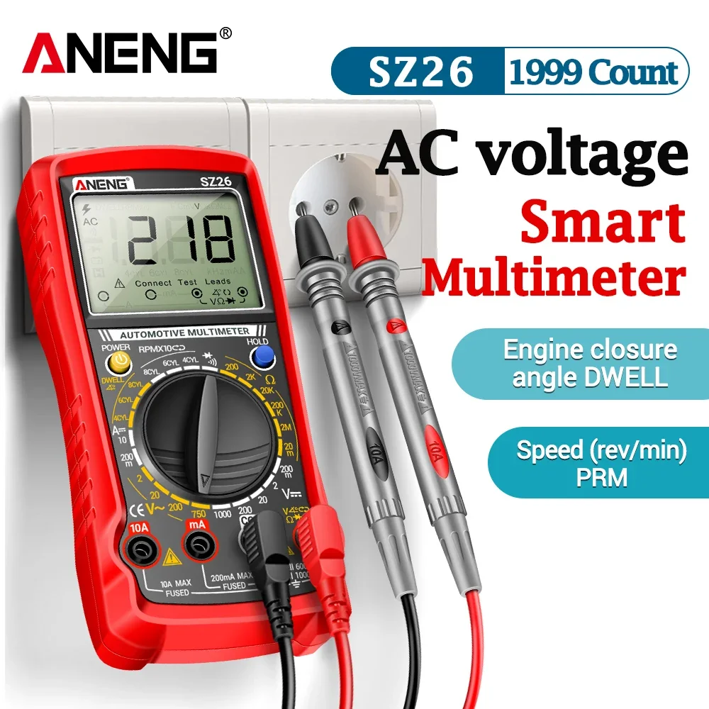 ANENG SZ26 Digital Auto Multimeter 1999 Counts AC DC Voltage Resistance RPM Dwell Angle Tester Buzzer Data Hold Auto Power Off