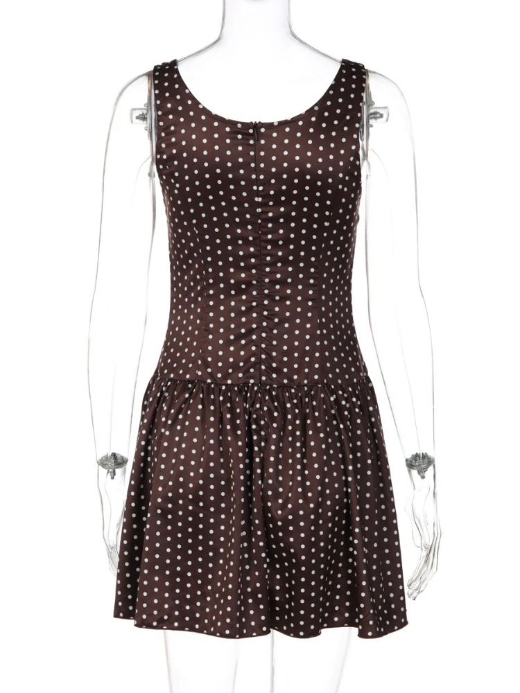 SsTss 2025 جديد براون البولكا نقطة طباعة الدانتيل تقسم فستان كامي المرأة الصيف مثير بلا أكمام سليم عالية الخصر فستان حفلة الشاطئ الصغيرة #6