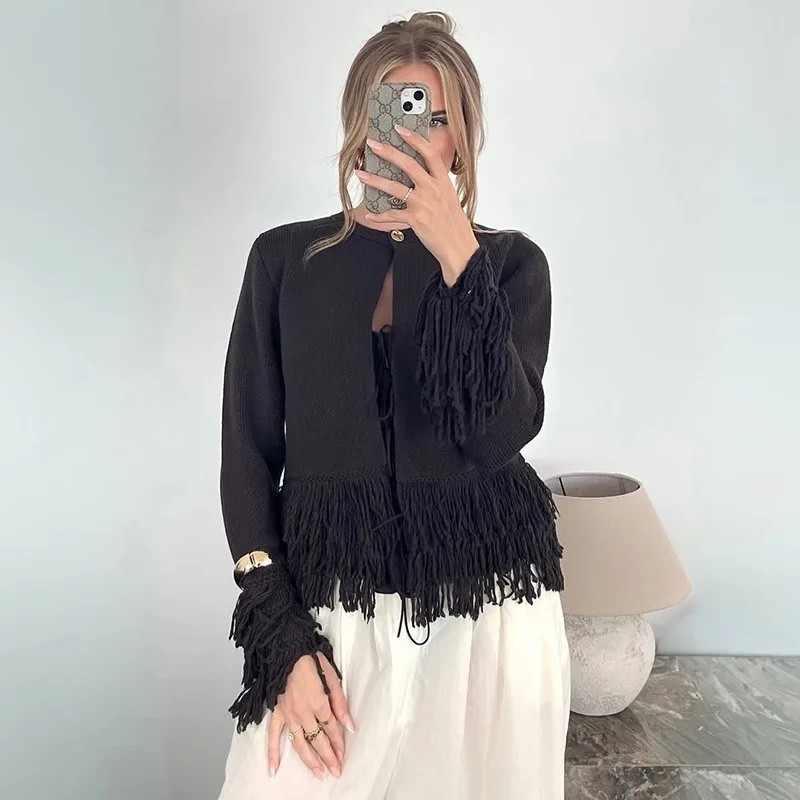 Ticketsx Vintage Tassel Knit Sweater Solid Women Button Patchwork Slim Short Cardigan Fashion New Female Casual Sweater Cardigan