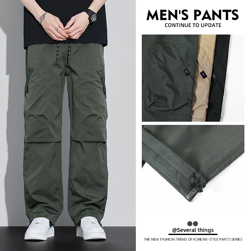 Herren-Cargohose aus Polyester, gerade, locker, weites Bein, Freizeithose, 2025, Sommer, Herbst, Outdoor, dünne Cargohose mit mehreren Taschen, Übergröße 5XL