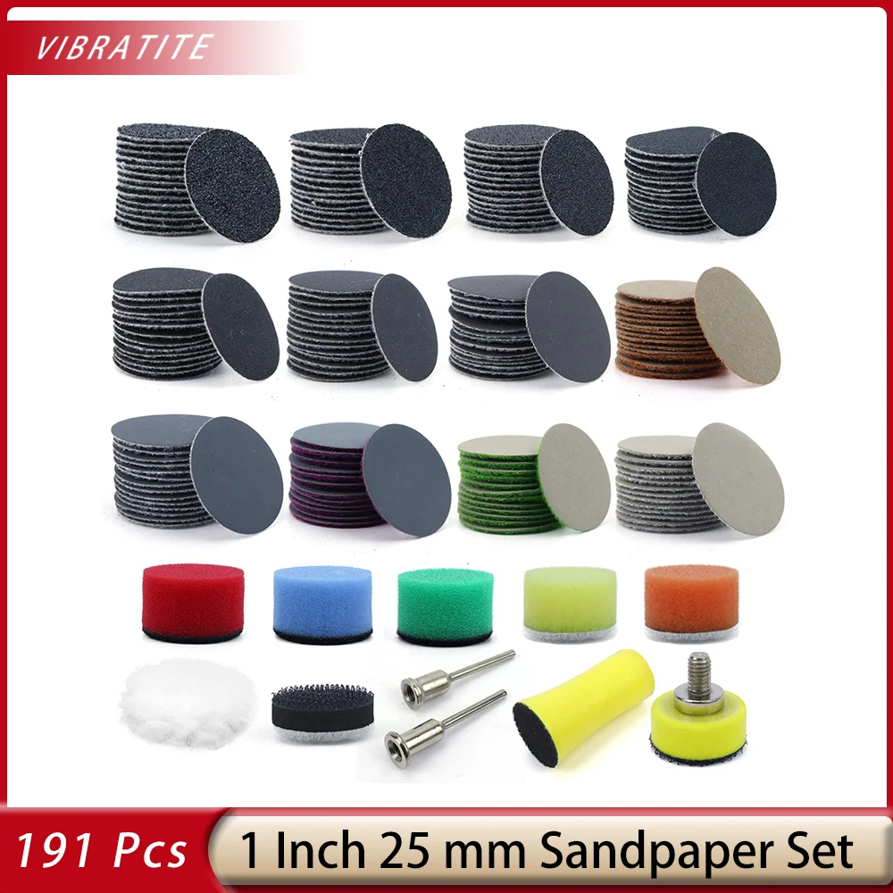 191 PCS Sanding Discs Hook and Loop Wet Dry Sandpaper 1 Inch 25mm with 3mm Shank Backing Pad Polishing Pads and Interface Pad