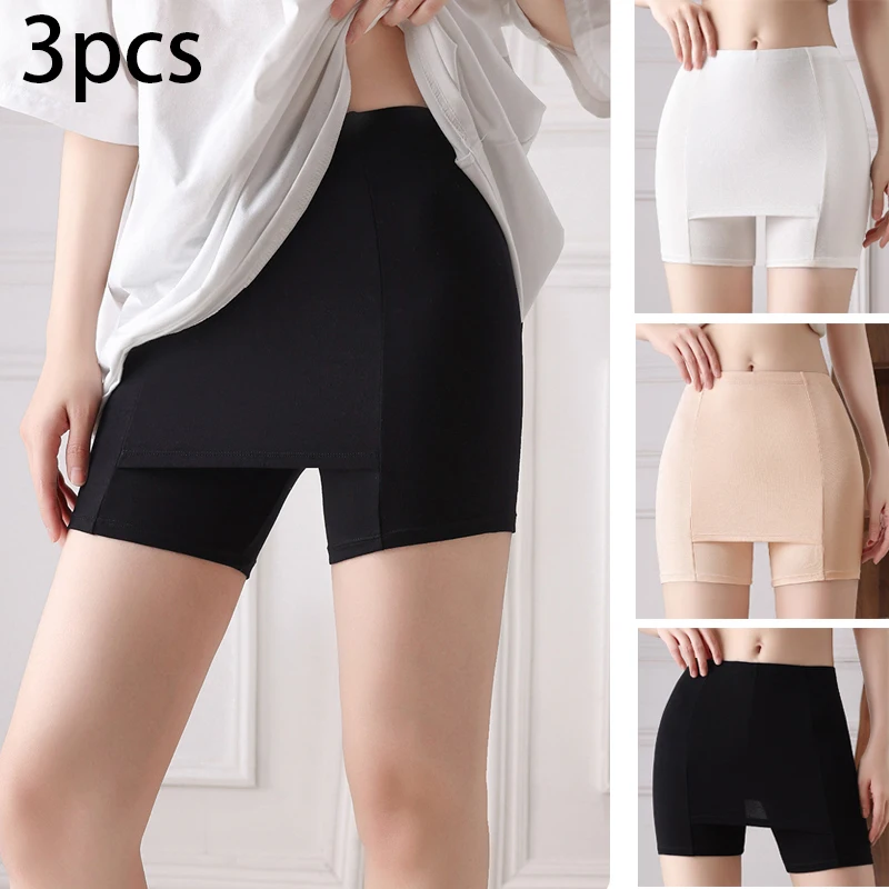 3pcs Women Double Layer Safety Panties Boxer High Waist Protective Underwear Seamless Protective Shorts Pants Under the Skirts