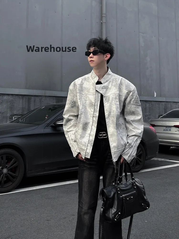 

Мужская байкерская куртка премиум-класса: весенний тренд, с подплечниками, в американском ретро-стиле, с декоративной молнией, свободный крой, молодежная, популярная.