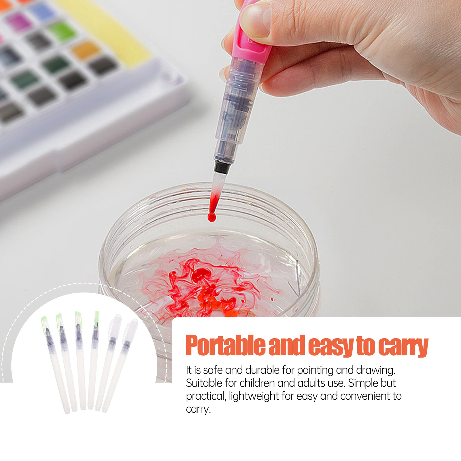 

1Set 6 Watercolor Brush Pens Portable Ergonomic Handle Arts Ink Pens for Students Back to School Supplies