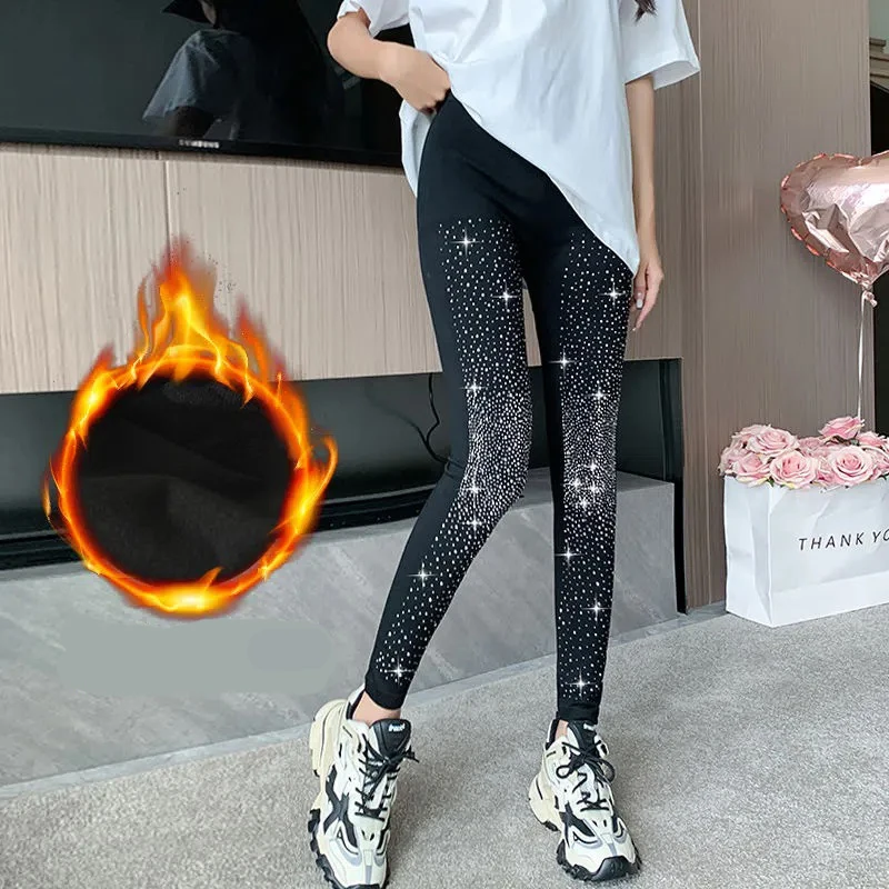 Autumn Winter Sequin Black Party Club Leggings Pants Women Diamonds High Elastic Skinny Warm Trousers