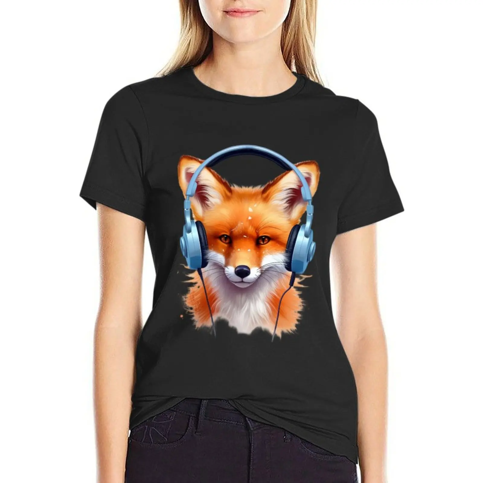 

Red Fox Wearing Headphones-2 T-Shirt sweat tops summer top heavyweights spring clothes Women 2024