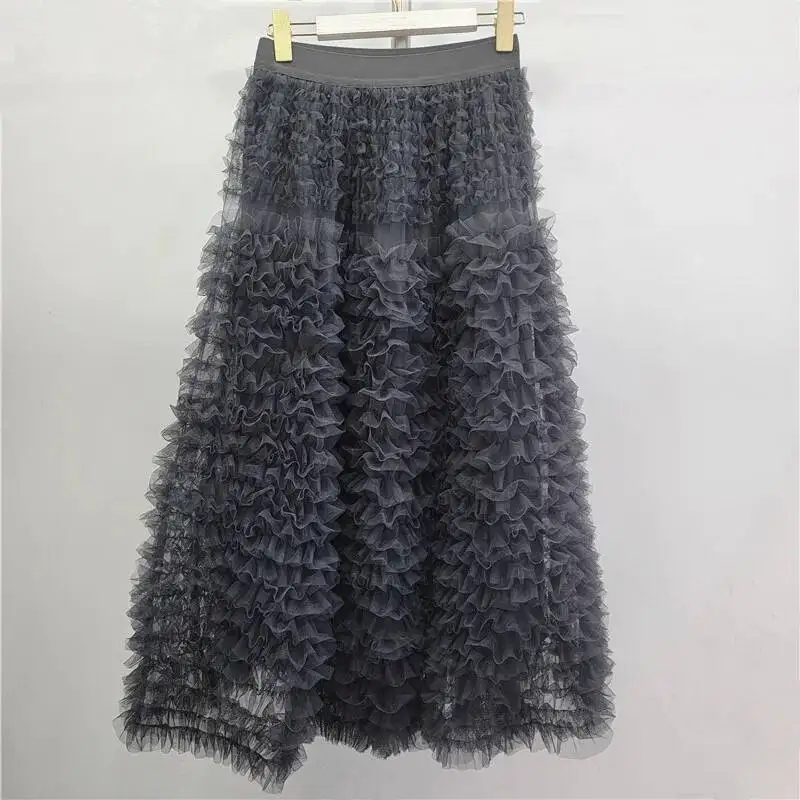 Elegant Women Multi-layer Ruffled Lace Mesh Cake Skirt 2026 Spring New Elastic Waist A-line Loose Puffy Skirts 16OUA33