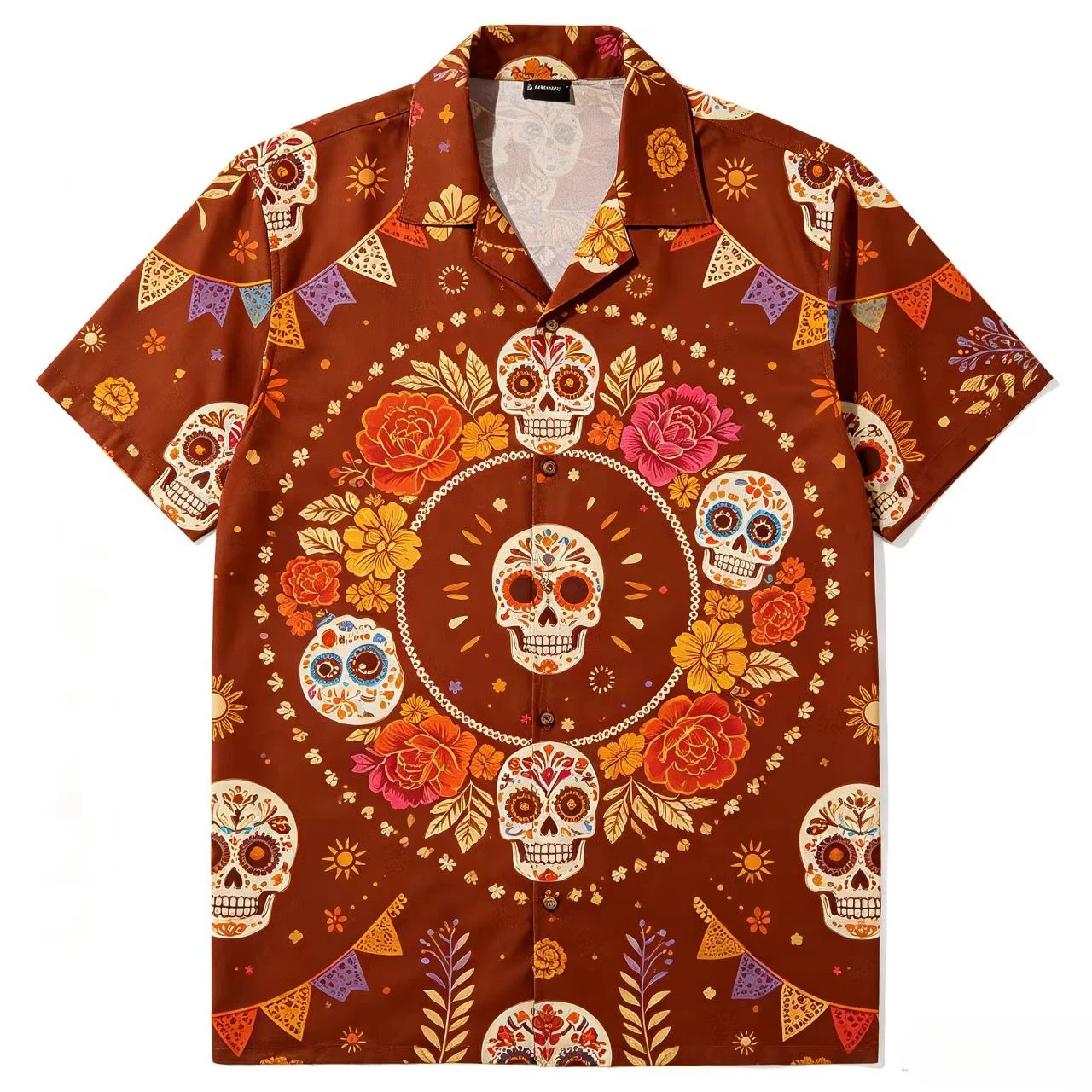 Men's Sugar Skull Hawaiian Shirt Day of the Dead Marigold Print Men's Leisure Beach Vacation Aloha Shirt