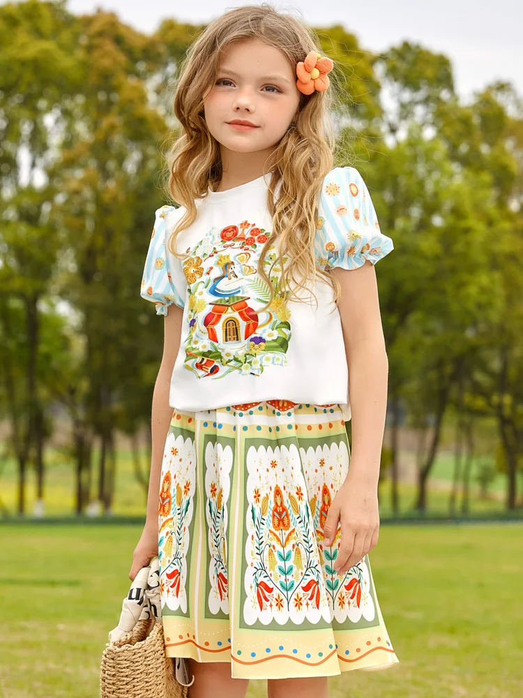 Summer skirt set short-sleeved T-shirt cartoon printed top with skirt
