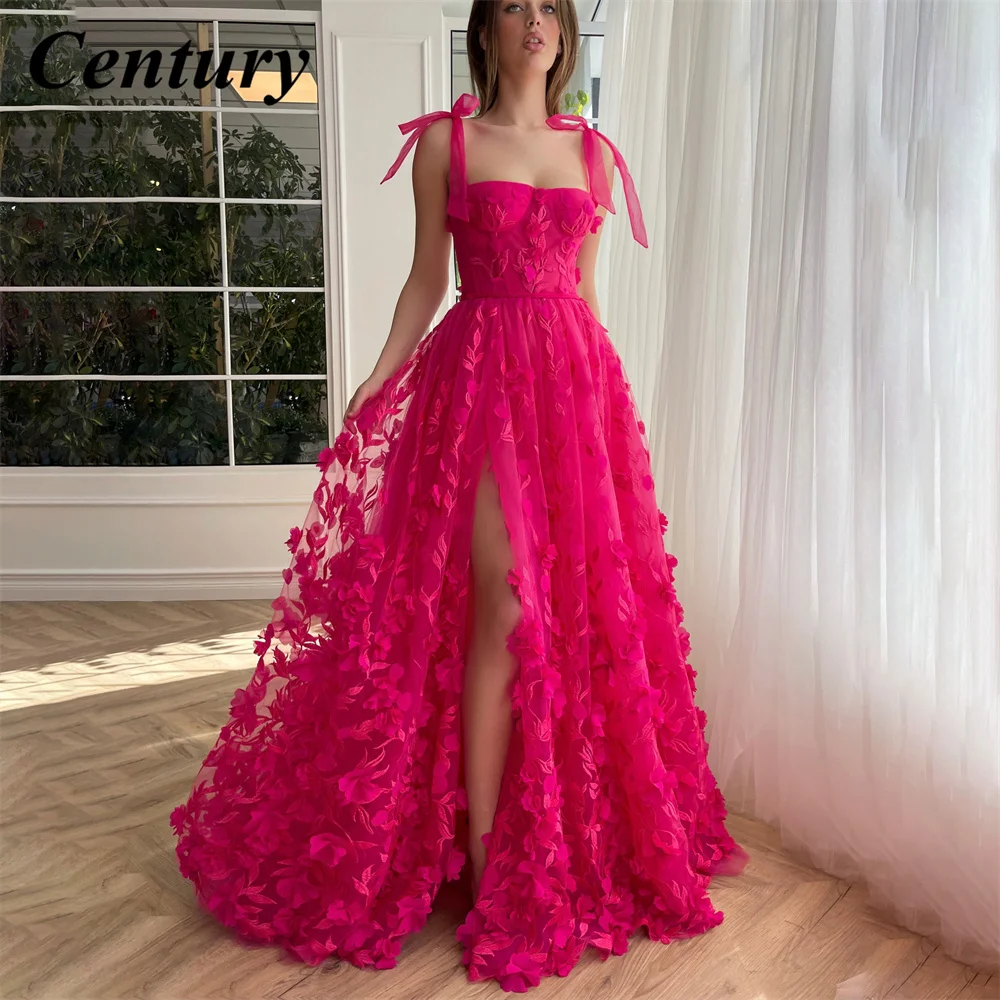 Até o chão Prom Vestidos com fenda Applique, Até o chão, Vestidos celebridades personalizadas, 3D Flores Fúcsia, Querida Century, Festa à noite