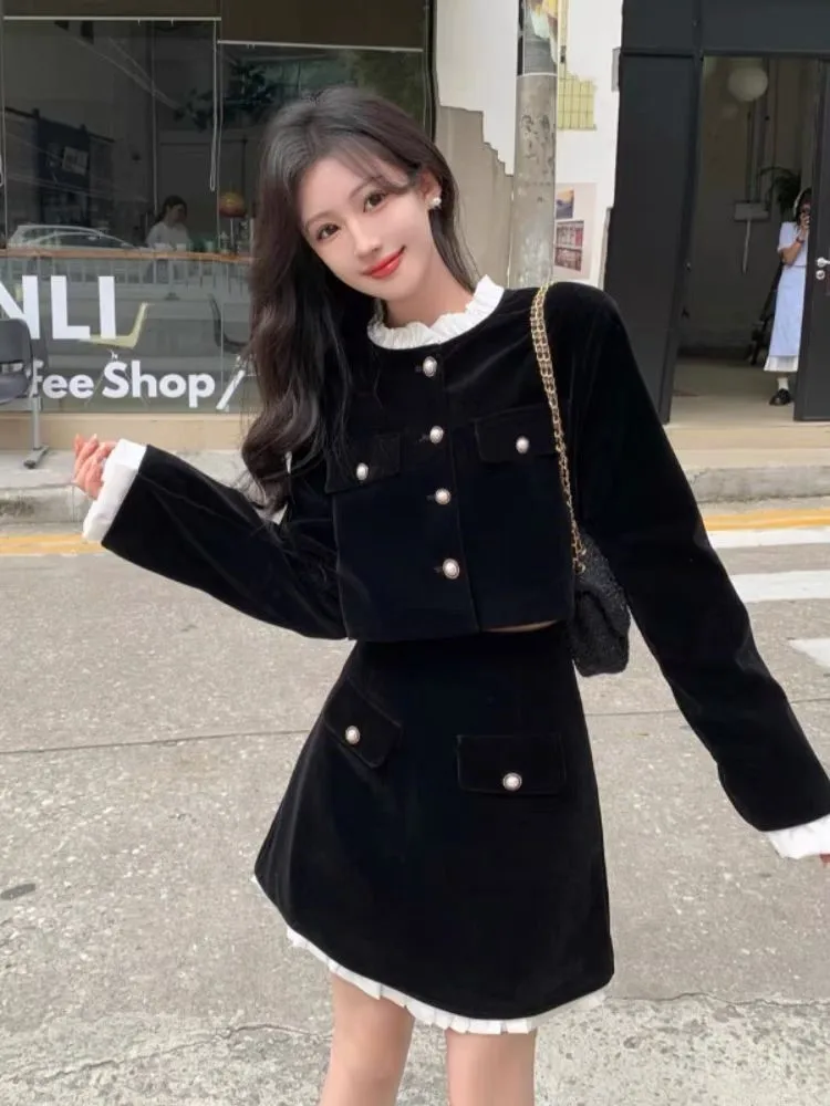 Elegant Black Velvet Two-piece Skirt Sets Long Sleeve Cropped Top Bodycon Mini Skirt Ruffles Korean Fashion Autumn Spring Outfit