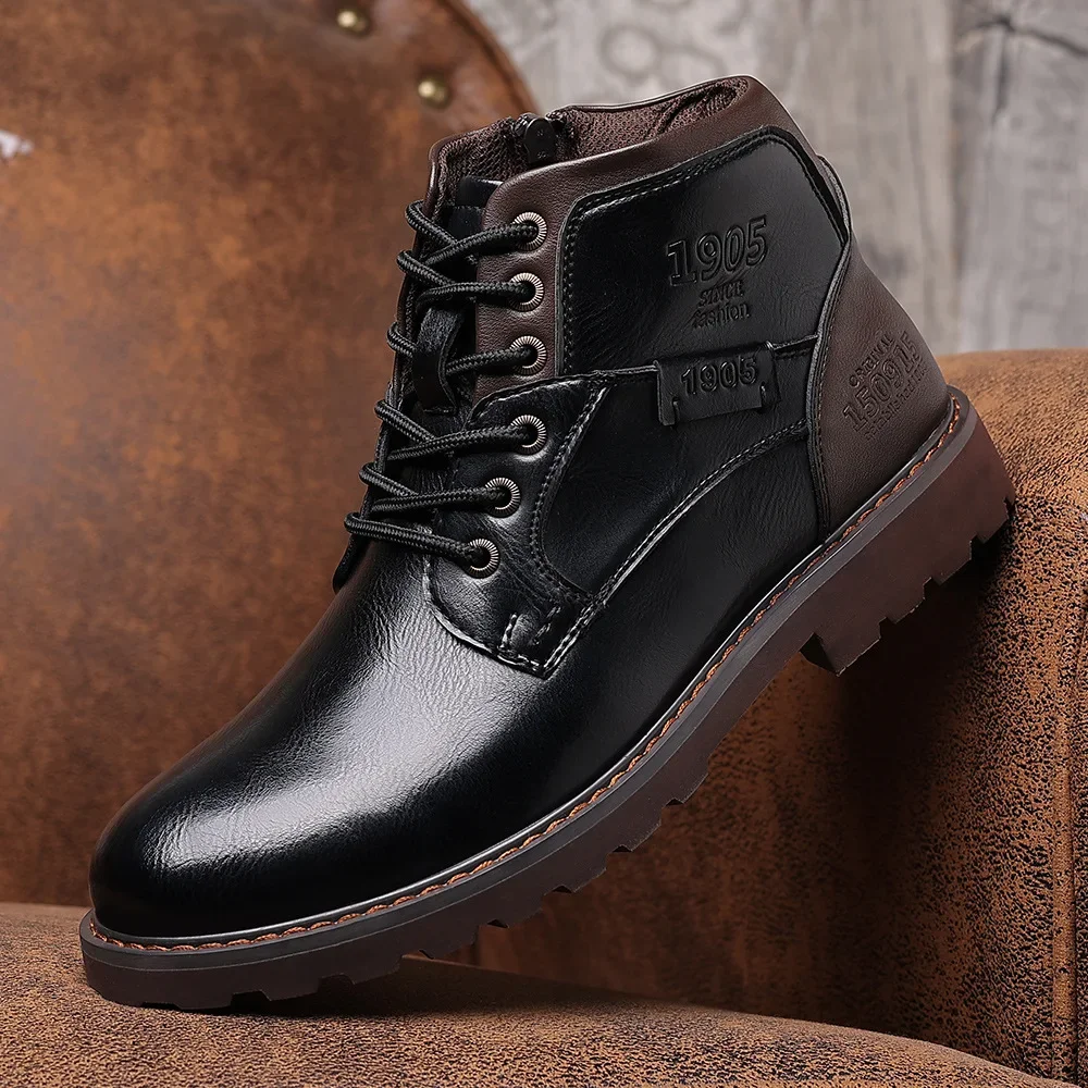 Leather Men Ankle Botas Plus Size Retro High Top Shoes Outdoor Work Casual Shoes Motorcycle Combat Boots Fashion Autumn Brown