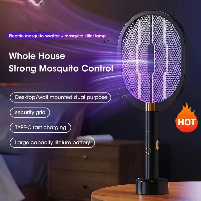 

Модернизированная электрическая ракетка от комаров 3000 В с фиолетовой лампой-убийцей, мухобойка-ловушка Fly TYPE-C, перезаряжаемый отпугиватель насекомых