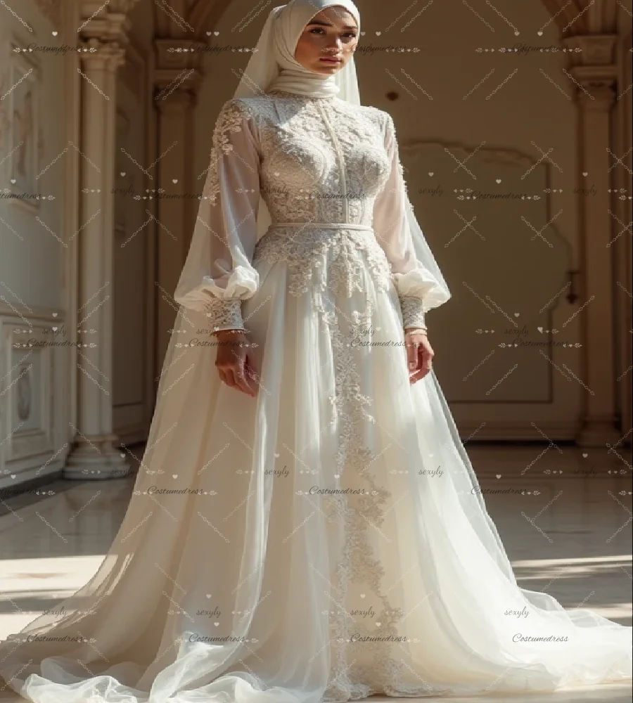 Gulf Arab Muslim Wedding Dress Bohemian Long Sleeve Lace Bridal Dress Lace Elegant Islamic Turkey Abaya Bride Dress Boho Rustic