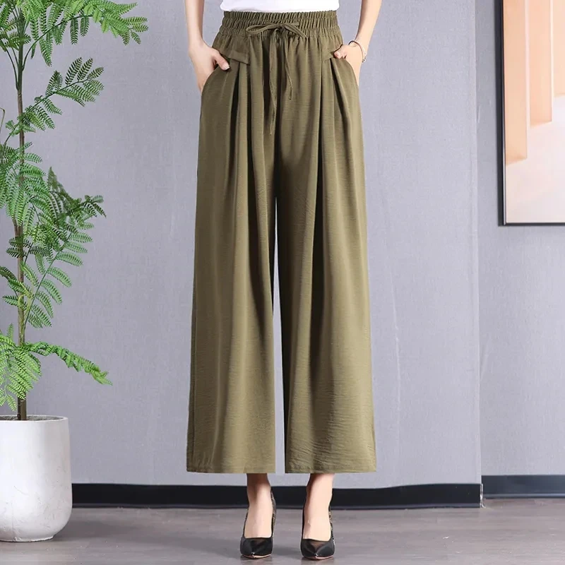 

Women's Solid Color Elastic Waist Drawstring Thick Patchwork Wide Leg Fashion Autumn Winter New High Waist Pockets Loose Pants