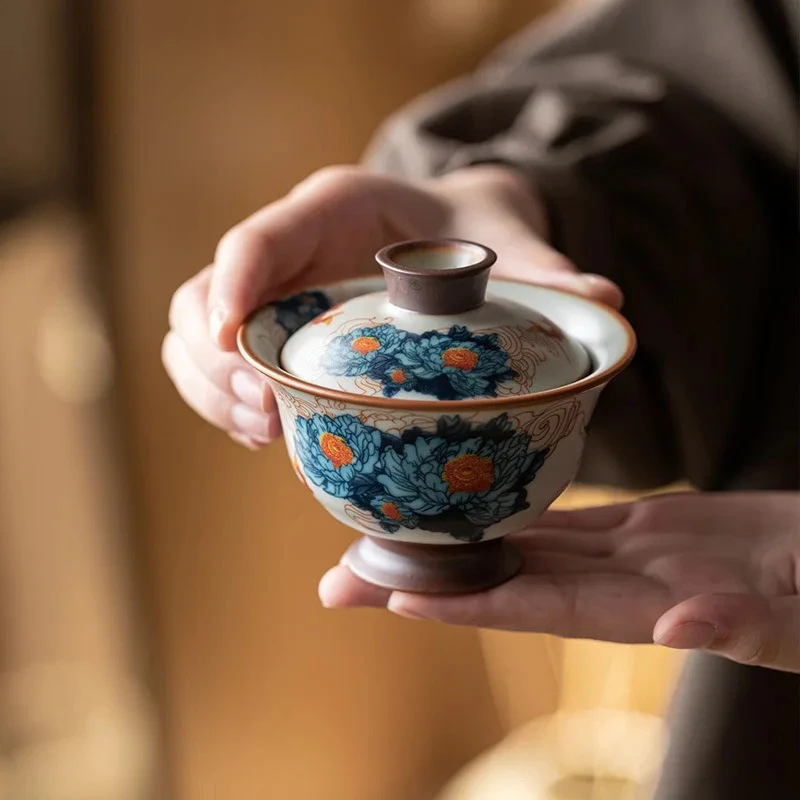 

Crackle Glaze Gaiwan Tea Bowl Ceramic Ru Kiln120ml Cover Bowl High-End Kung Fu Set Tool Cup Gai Wan Supplies Chinese Original