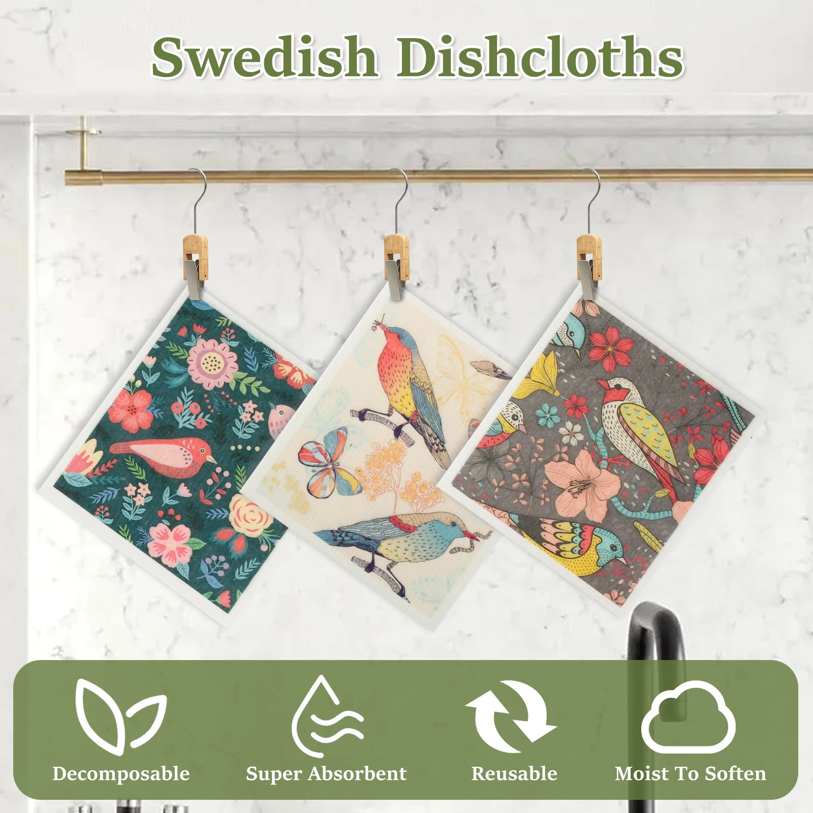 Kitchen Dishcloths Swedish Dishcloths Printed Absorbent Cleaning Cloths 7.7 X 6.7in Reusable Kitchen Dish Rags