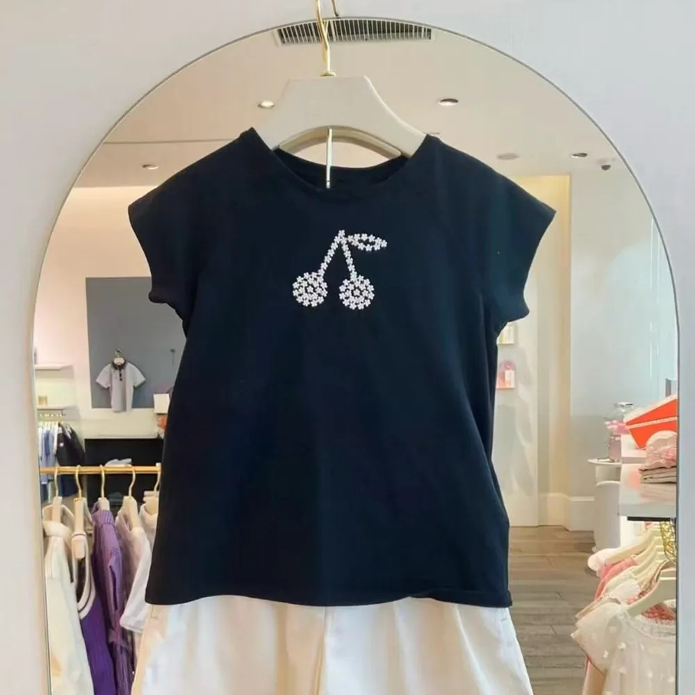 

kids clothes girls High quality cherry patterned embroidered T-shirt Cotton short sleeved T-shirt White and black casual tops