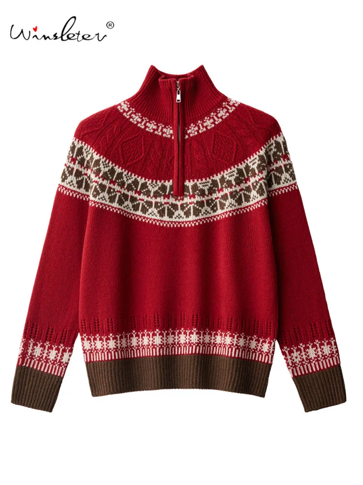 

Winsleter-100%Sheep Wool Elegant Sweater, Turtleneck Zipper Jacquard, Women Retro Fair Isle Knit Sweater, 2025 Winter T5D542CC
