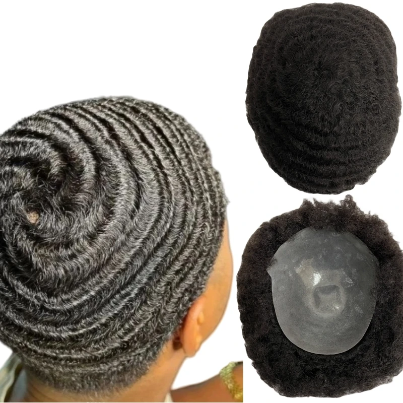

10mm Wave Brazilian Virgin Human Hair Hairpieces #1 Jet Black Short Hair Topper 8x10 Full Knots PU Toupee for Black Man