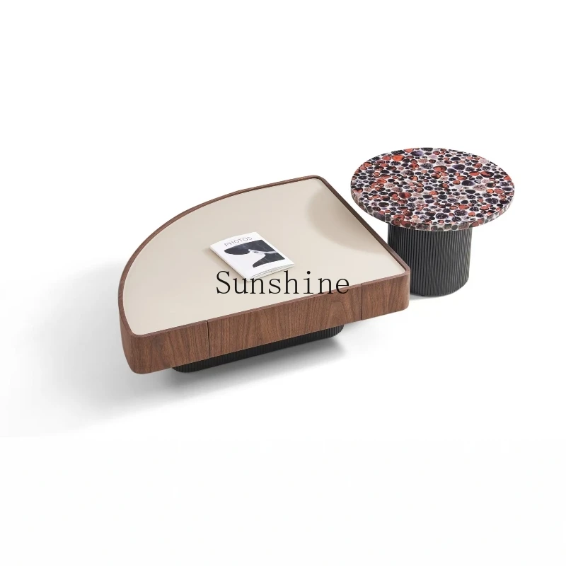 

Italian minimalist medieval style modern frosted tempered glass marble combination coffee table