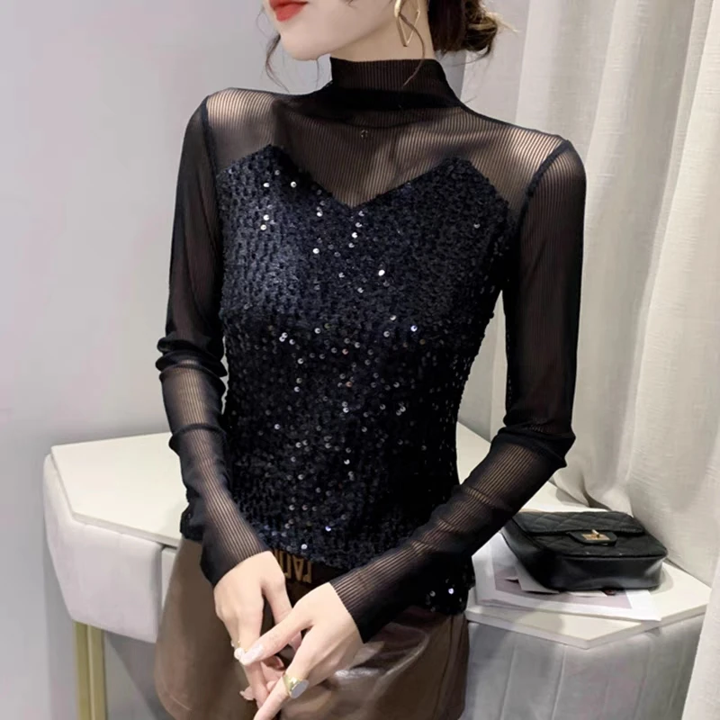 

New Fashion Shiny Sequins Streetwear Girl T-Shirt Half Turtleneck Long Sleeved Mesh Tees Chic Women Colorful Nightclub Party Top