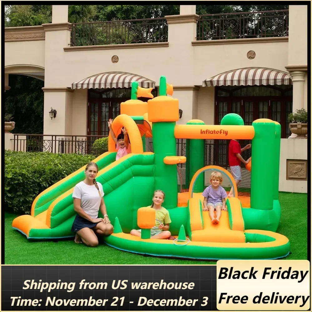 Inflatable Bounce House with Blower Playhouse Castle with Double Slides Ball Pit Pool for Kids 2-12 Wet and Dry