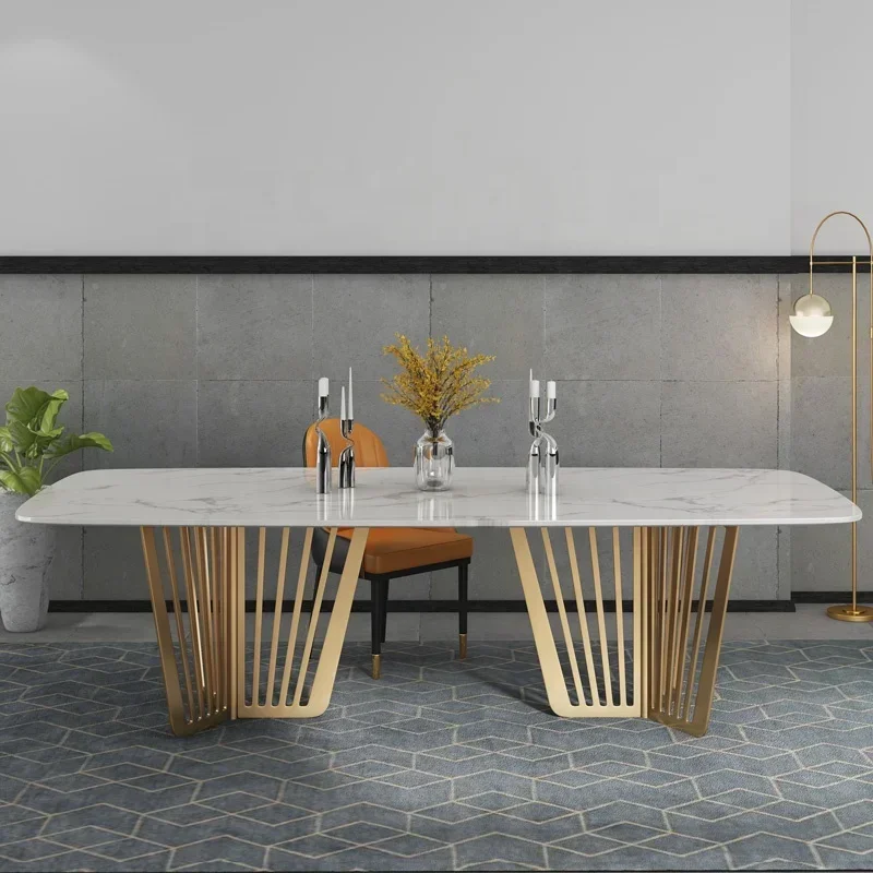 

z Newest Design Metal Furniture Luxury Italian Slate Dining Table Set For Home Hotel
