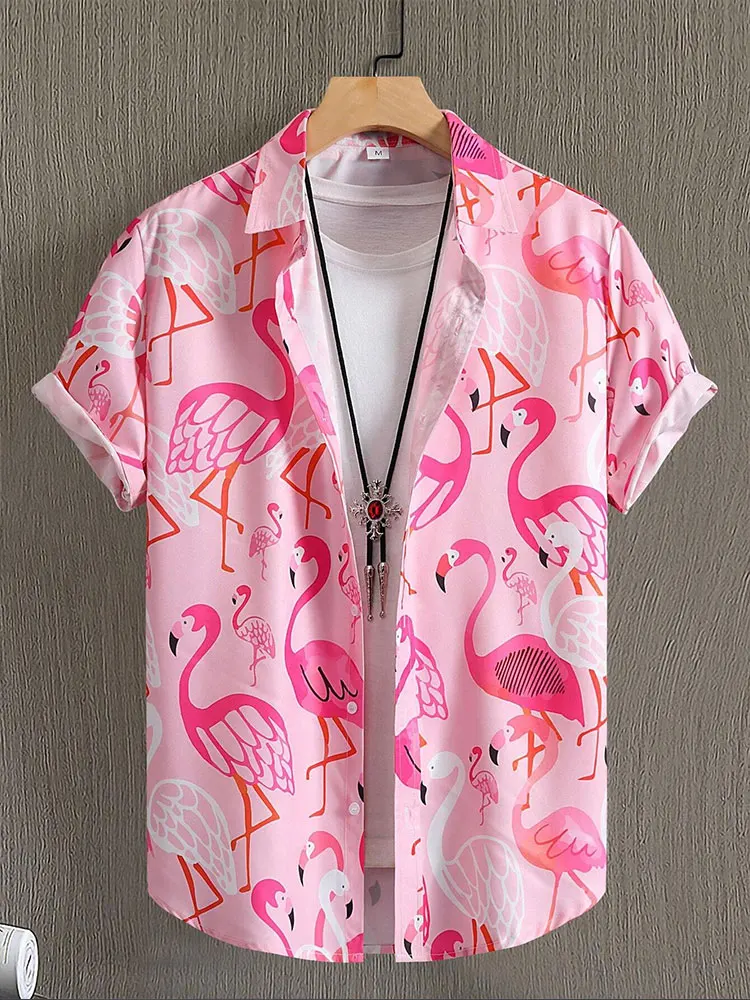 

Men's Short-sleeved Shirt Party Beach Vacation Shirt Hawaiian Style Casual Outdoor T-shirt Flamingo Printed Pink Men's Clothing