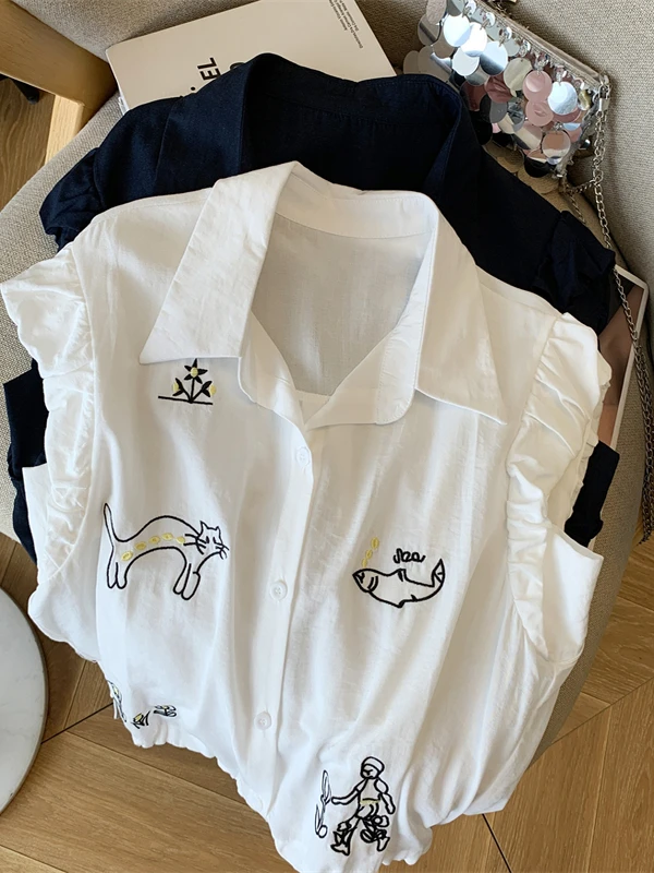 เสื้อผ้าปักลายการ์ตูนทรงหลวม แขนสั้น สำหรับผู้หญิง ฤดูร้อน ผ้าบาง ระบายอากาศได้ดี สไตล์ลำลอง เอวสูง ผ้าถักโพลีเอสเตอร์